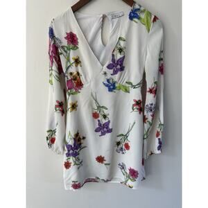 Roam Size Small Sardina Mini Shift Dress White Floral V Neck Cut Out Long Sleeve